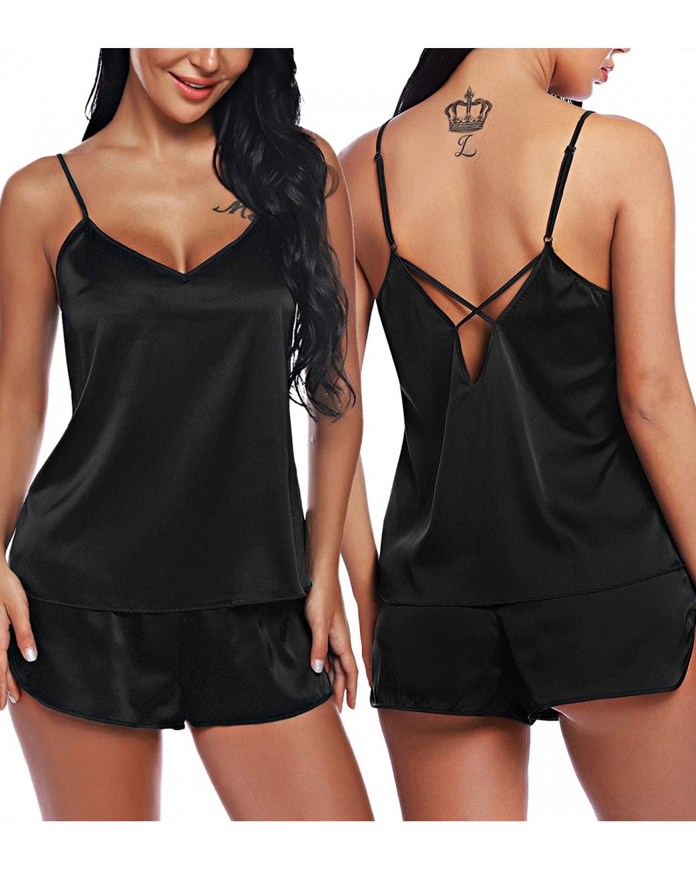 Women V Neck Sexy Lingerie Satin Sleepwear Pajamas Cami Shorts Set Nightwear - Black - CB18R2GUWUC $34.37 Sets