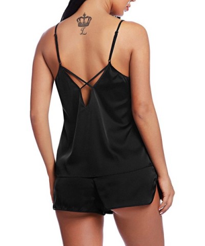 Women V Neck Sexy Lingerie Satin Sleepwear Pajamas Cami Shorts Set Nightwear - Black - CB18R2GUWUC $34.37 Sets