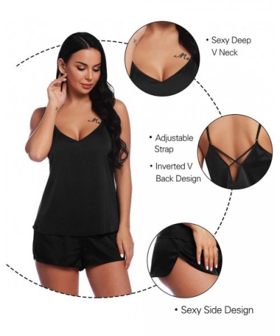 Women V Neck Sexy Lingerie Satin Sleepwear Pajamas Cami Shorts Set Nightwear - Black - CB18R2GUWUC $34.37 Sets