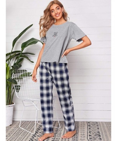 Women's Cartoon Graphics Print Pajama Set Round Neck Tee and Pants Sleepwear - Grid Grey - CL19CQ0H0N6 $35.57 Sets