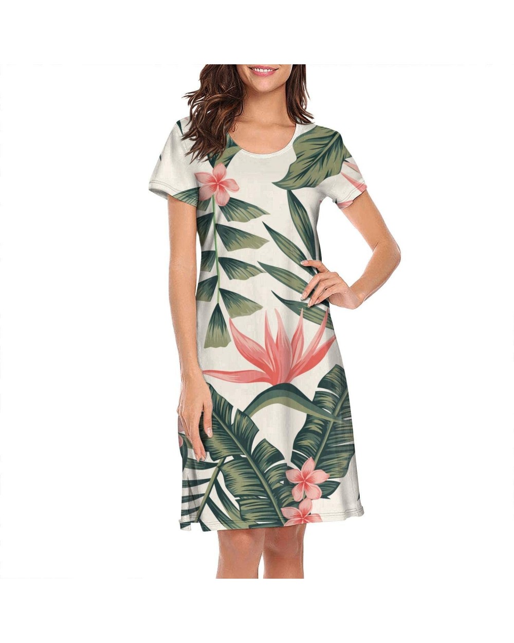 Womens Sleepwear Tropical Floral Hawaiian Exotic Cute Nightgown Plaid Nightshirt Long Sleep Dress Nightwear - Tropical Floral...