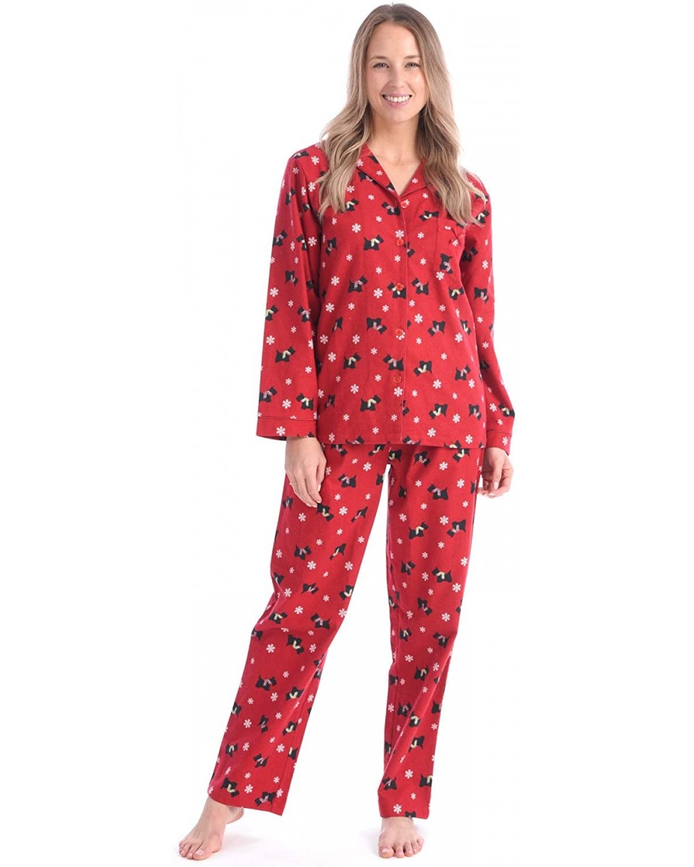 Soft Cotton Button-Down Flannel Pajamas for Women - Red Dog Print - CY18X5GTZM7 $46.65 Sets