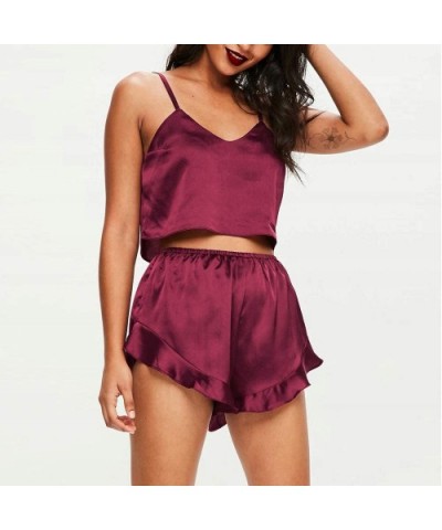 Womens Pajamas Set Lace Satin Cami Shorts Homewear Sexy Lingerie Silky Soft Sleepwear Elastic Waist Nightwear Red - CM1988426...