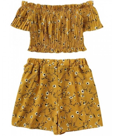 Women's 2 Piece Floral Print Smocked Crop Top with Shorts Set - Yellow - CI1943K8467 $31.34 Sets