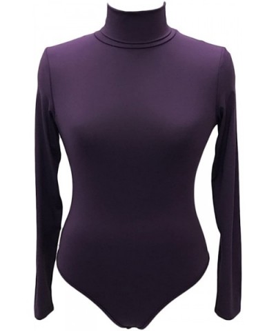 Women's Halloween Club High Neck Long Sleeve Bodycon Solid Bodysuit Sexy Romper Jumpsuit Thong Leotard - A-purple - CA180EQEA...