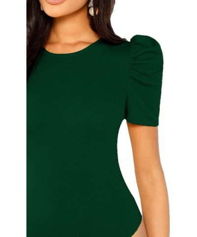 Women's Plain V Neck Solid Puff Sleeve Wrap Bodysuit - Green - CX18WN5E9KU $27.04 Shapewear
