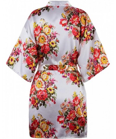 Women's Knee Length Floral Bathrobe Satin Bridesmaids Bath Gown Wedding Day Robe Kimono Cover Up Cardigan Top - White Floral ...