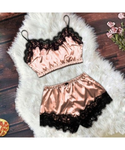2020 Women Satin Lace Camisole with Bow Shorts Pajamas Lingerie Sleepwear Set - Pink - CG1983O8AGK $49.95 Sets