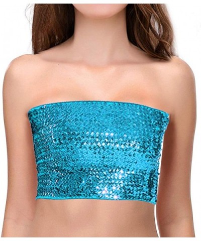 Women Sparkly Sequins Tube Top Sexy Stretch Crop Top Vest Camisoles Party Clubwear - Acid Blue - CN18KZRL89R $15.20 Camisoles...