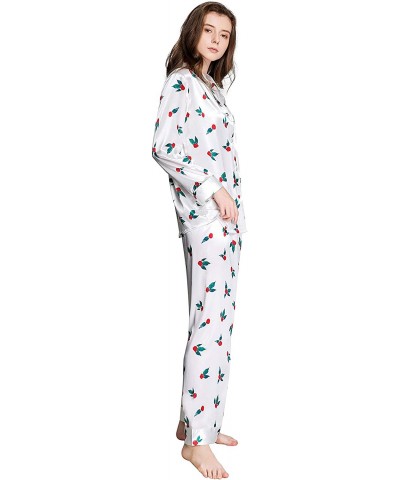 Womens Satin Pajama Set Button Down Sleepwear Long PJS XS-3XL - Lucky White - CO18WEUMEOE $46.14 Sets