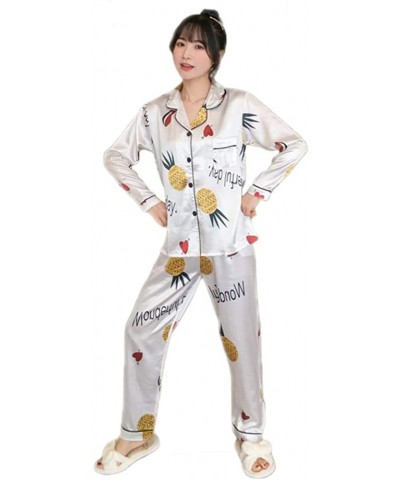 Women's Silk Satin Classic Pajama Set Floral Print Sleepwear Loungewear Nightwear Long Sleeve Button Front Pj Set - Heart Pin...