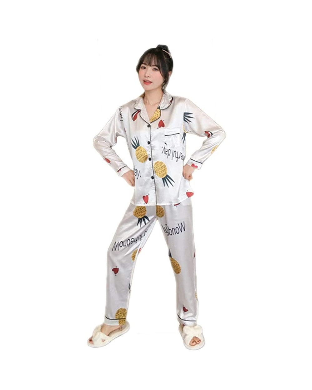 Women's Silk Satin Classic Pajama Set Floral Print Sleepwear Loungewear Nightwear Long Sleeve Button Front Pj Set - Heart Pin...