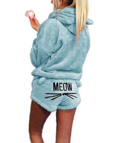 Women's Hoodie Embroidered Sleepwear Fluffy Meow Shorts Pajamas Set - Sky Blue - CK18YMT7822 $38.34 Sets