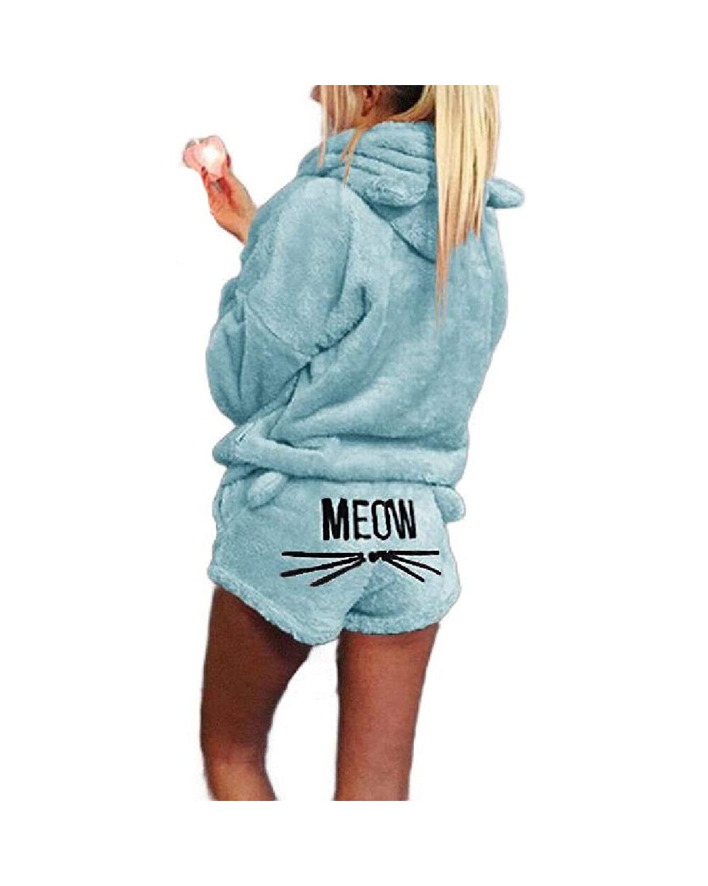 Women's Hoodie Embroidered Sleepwear Fluffy Meow Shorts Pajamas Set - Sky Blue - CK18YMT7822 $38.34 Sets