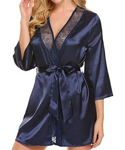 Women's Kimono Robes Satin Lightweight Bath Robe Lace Trim Bathrobe Soft Sleepwear V-Neck Ladies Nightwear - Blue - C818NQDIS...