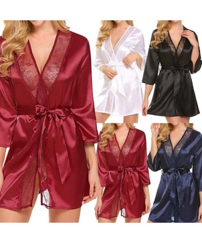 Women's Kimono Robes Satin Lightweight Bath Robe Lace Trim Bathrobe Soft Sleepwear V-Neck Ladies Nightwear - Blue - C818NQDIS...