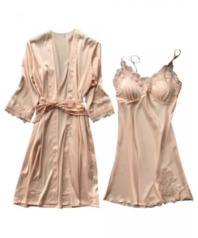 Women Silk Satin Kimono Bathrobe Nightgown Dress Lace Camisole Pajama Set Sleepwear - Champagne - CD197E6MHK2 $43.22 Robes