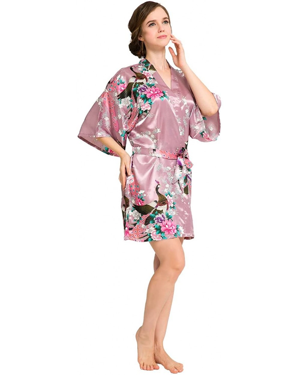 Kimono Silk Feel Peacock/Floral Robe SR-13 Short with A (Extra $10 Value) - Cameo Brown - CX12MZC9EJW $15.15 Robes