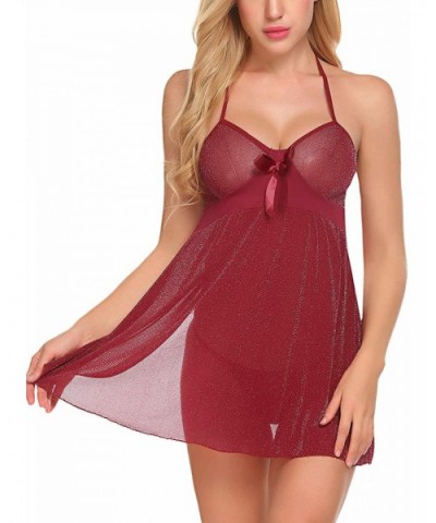 Women Lingerie Lace Babydoll Mesh Chemise V Neck Teddy Strap Nightwear - Style 2-dark Red - CH18M6OL9O4 $66.25 Baby Dolls & C...