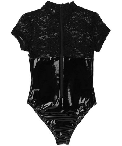 Womens Transparent Leather Lace Splice Teddy Bodycon Babydoll Nightclub Party Bodysuit - Black - C5193QMMY2T $38.17 Baby Doll...