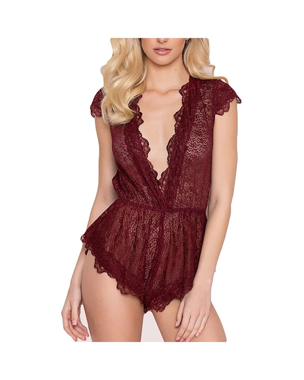 Women Plus Size Lingeries Lounge Romper Lace Dream Eyelashes deep V-Neck Sexy Floral Lingeries - Wine Red - CO18SD8ZTQL $16.1...