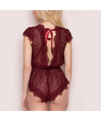 Women Plus Size Lingeries Lounge Romper Lace Dream Eyelashes deep V-Neck Sexy Floral Lingeries - Wine Red - CO18SD8ZTQL $16.1...