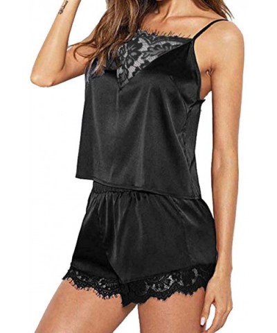 Women Sleepwear Sleeveless Strap Nightwear Lace Trim Satin Cami Top Pajama Sets - C-black - CG18U08MI5X $13.18 Sets