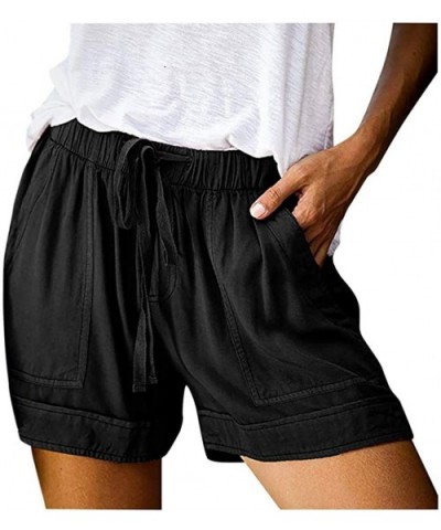 Womens Summer Shorts Solid Color Drawstring Elastic Waist Casual with Pockets Casual Beach Hot Pants - Black - CR19C92ZWR6 $2...