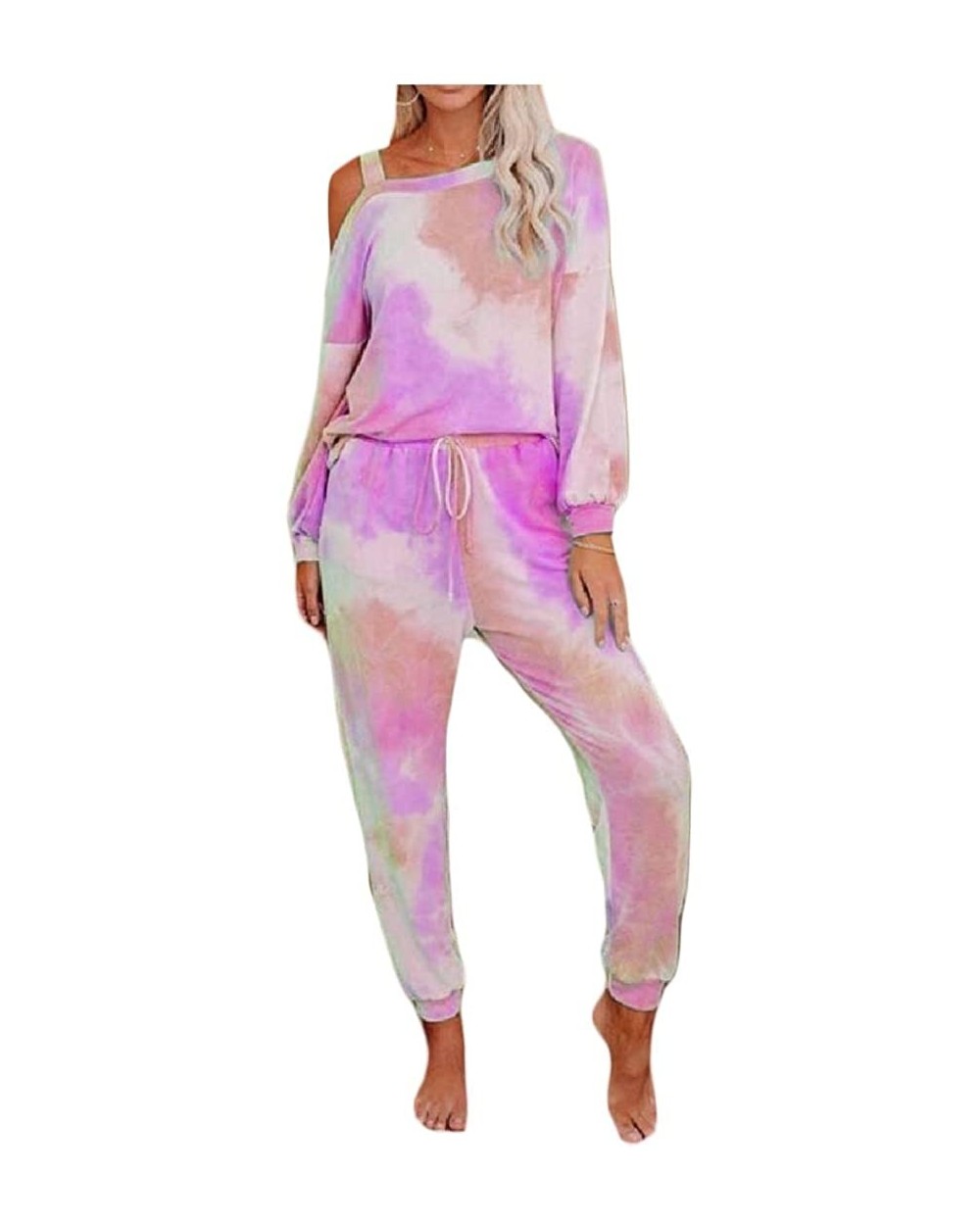 Womens Tie Dye Printed Long Sleeve Tops and Pants Long Pajamas Set Joggers Sleepwear Nightwear Loungewear PJ Set 5 - CT19CKMU...