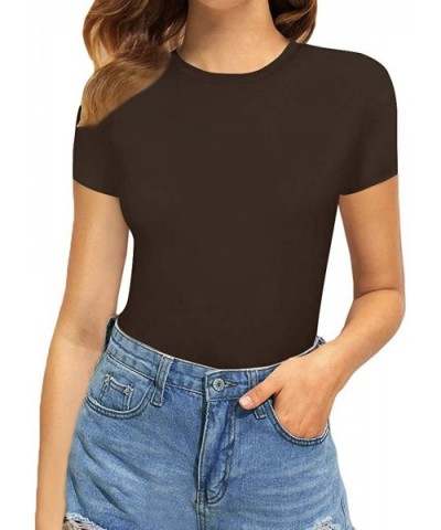 Women's Round Neck Short Sleeve T Shirts Basic Bodysuits - Coffee - CC1930U6KA9 $24.32 Shapewear