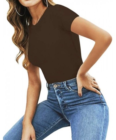 Women's Round Neck Short Sleeve T Shirts Basic Bodysuits - Coffee - CC1930U6KA9 $24.32 Shapewear