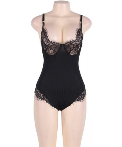 Women Lace Bodysuit Plus Size Lingeire Deep V Leotard Push-up Strappy Teddy M-3XL - Black - CU18YNHGWXU $19.71 Baby Dolls & C...