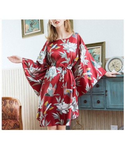 Red Women Sexy Satin Nightwear Nightgown Plus Size Loose Kaftan Bath Gown Nightdress Summer Sleepwear Wedding Night Dress - 7...