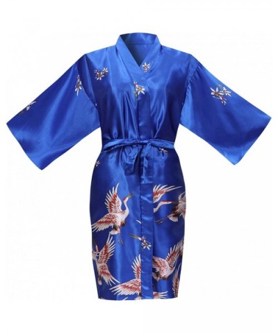 Women's One Size Silky Satin Kimono Robe Crane Bathrobe Sleepwear Dress - Sapphire - CA18U9RY6ZR $16.46 Robes