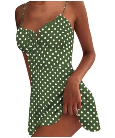 Womens Polka Dots Tie Front Lace up Spaghetti Strap Midi Dress Boho Tank Dress Sleeveless A Line Beach Dress Green - CM19C4H5...