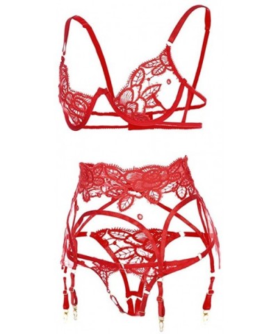 Sexy Floral Lace Lingerie for Women See Through Underwear Underwire Sheer Babydoll-3 Piece Bra+Garter+Briefs - Red - CX198UYD...