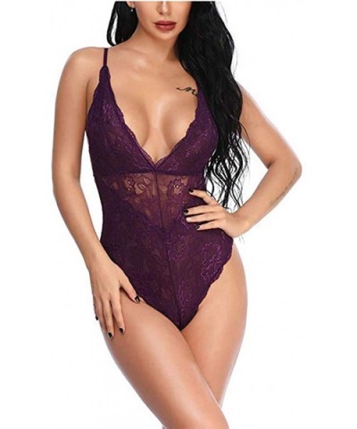 New Women Lace Deep V-Neck Backless Lingeie Bodysuit Teddy Underwear Jumpsuit - Purple - C7195AQO9TQ $14.06 Garters & Garter ...