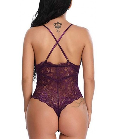 New Women Lace Deep V-Neck Backless Lingeie Bodysuit Teddy Underwear Jumpsuit - Purple - C7195AQO9TQ $14.06 Garters & Garter ...