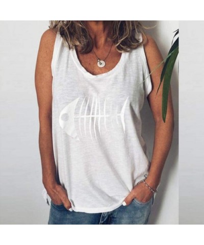 Summer Clothes-Tops&Dresses Womens Casual Funny Fish Bone Print Vest Sleeveless Tank Tops T Shirt Blouse - White - C718TUDGSL...