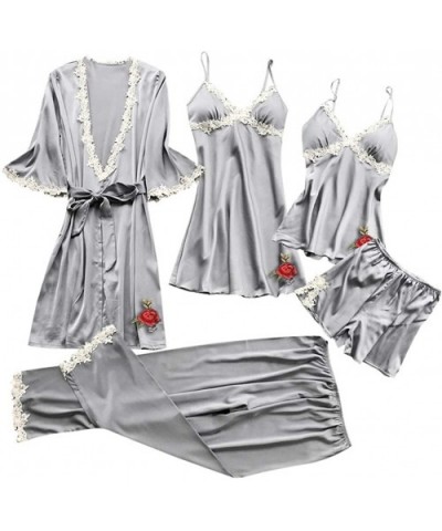 Womens Sexy Satin Pajamas Set 2pcs Nightgown with Robe Dress Silk Babydoll Sleepwear Nightdress Pajamas Set - D-gray (5 Pcs) ...