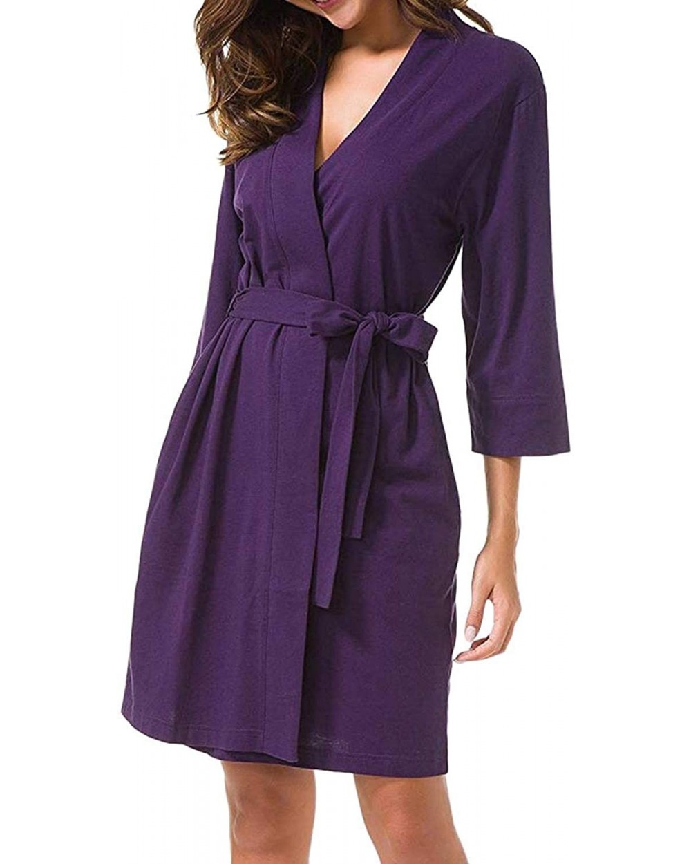 Soft Fashion Sleepwear Women Solid 3/4 Sleeved Robe Bandage Kimono Style Bathrobe Loungewear Sleepwear Dress Purple - C818T0A...