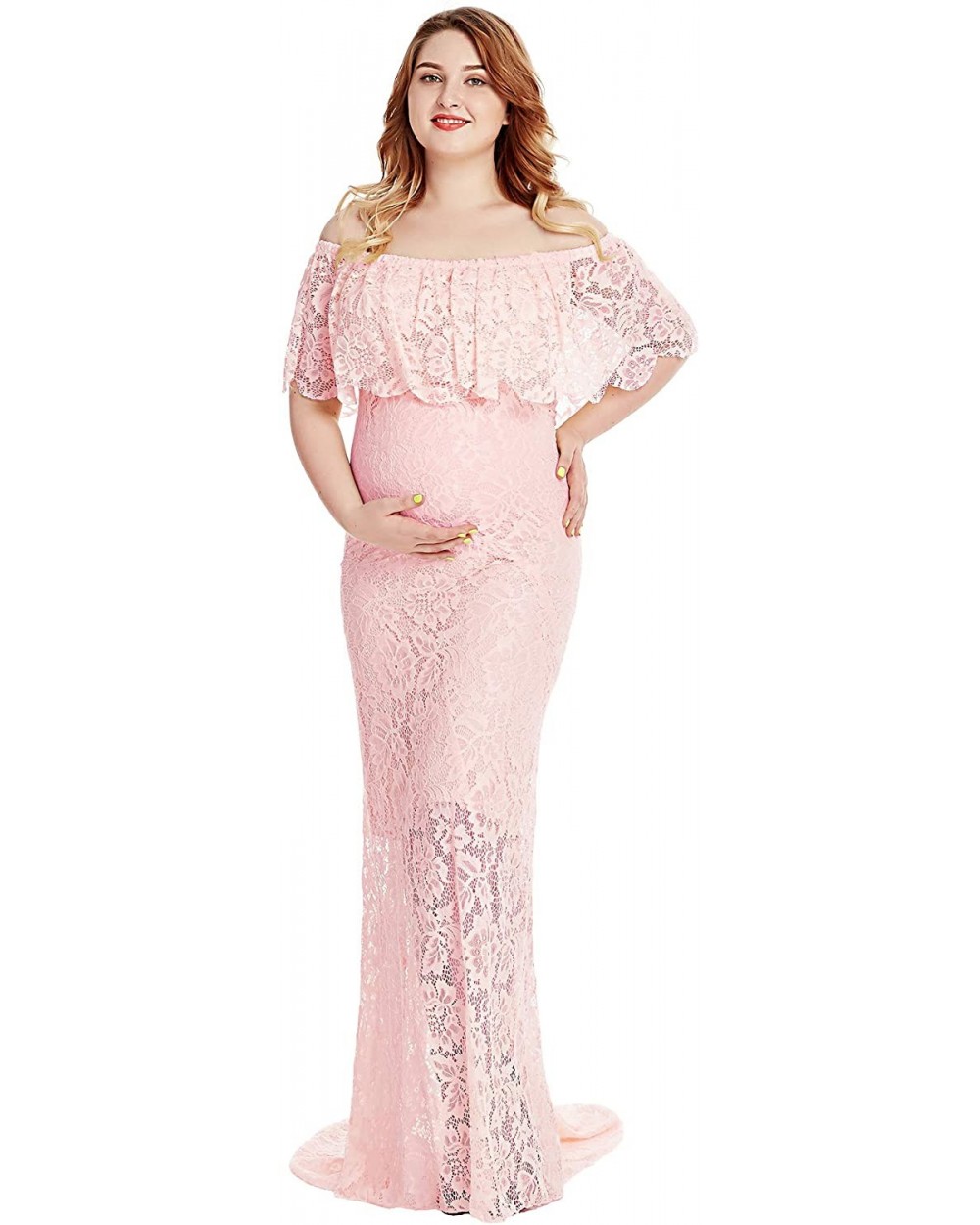 Women's Off Shoulder Short Sleeve Ruffles Lace Maternity Gown Maxi Photography Dress - Pink 1 - C118ZCWCTGW $49.89 Nightgowns...