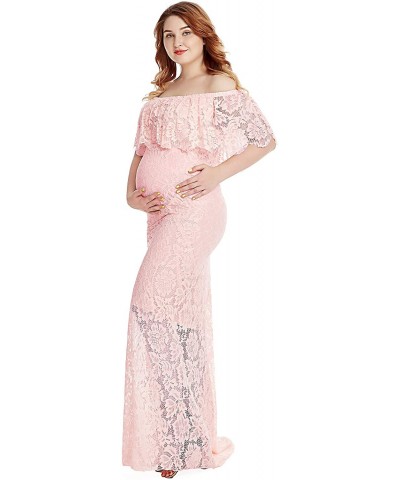 Women's Off Shoulder Short Sleeve Ruffles Lace Maternity Gown Maxi Photography Dress - Pink 1 - C118ZCWCTGW $49.89 Nightgowns...