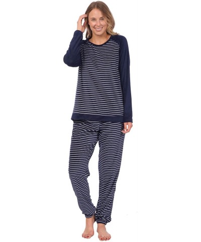 Extra Soft Velour Fleece Pajama Set for Women - Navy Striped - CR18IQEETZA $44.30 Sets