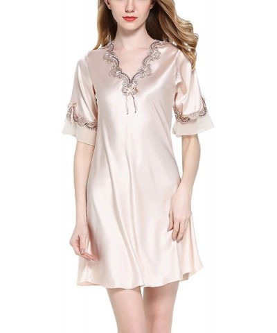 Women's Floral Silky Sleep Dress Short Sleeves Solid Pajama Lace Luxury Nightgown - Golden - C718W7XELLY $40.24 Nightgowns & ...