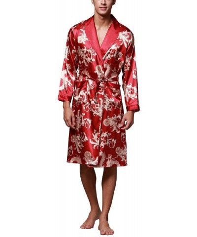 Men's Satin Robe Dragon Luxurious Silk Long Sleeve Spa House Kimono Bathrobe Loungewear - Red - CK18QEXO2UX $40.17 Robes