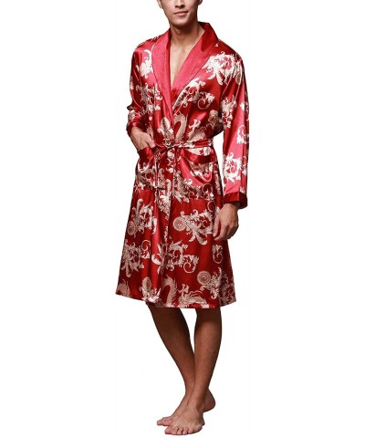 Men's Satin Robe Dragon Luxurious Silk Long Sleeve Spa House Kimono Bathrobe Loungewear - Red - CK18QEXO2UX $40.17 Robes