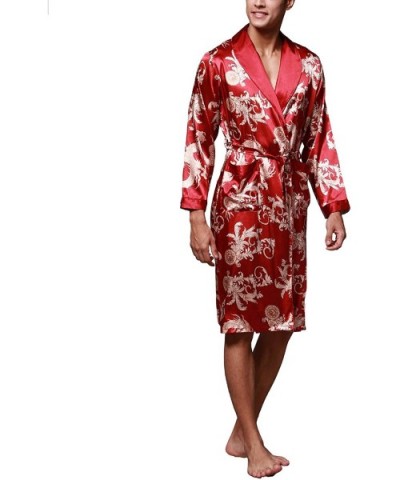 Men's Satin Robe Dragon Luxurious Silk Long Sleeve Spa House Kimono Bathrobe Loungewear - Red - CK18QEXO2UX $40.17 Robes