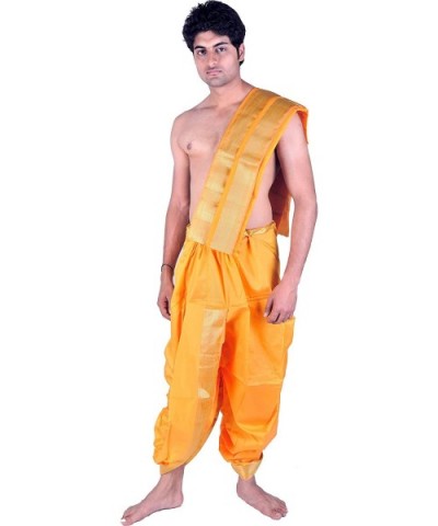 Dhoti and Angavastram Set with Wide Golden Border (Ready to Wear) - Warm Apricot - CY12BD05XG3 $57.14 Sleep Sets