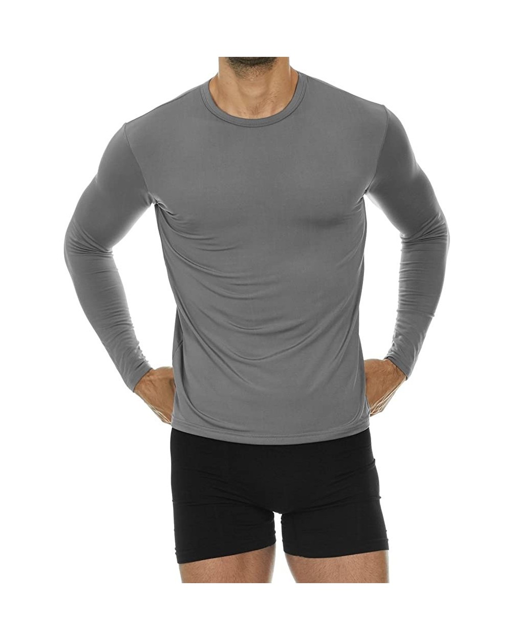 Mens Ultra Soft Thermal Shirt - Compression Baselayer Crew Neck Top - Fleece Lined Long Sleeve Underwear T Shirt - Grey - C91...